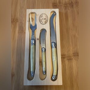 Jean Dubost Laguiole 3 piece Cheese Knife Fork set Ivory Color handles Bees